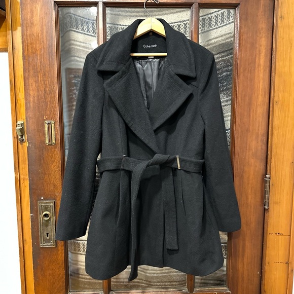 Calvin Klein Women's Belted Black Wool Blend Trench Coat - Picture 1 of 13